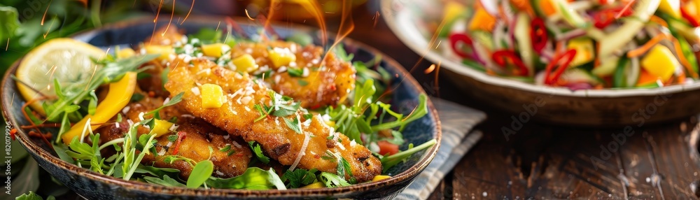 Fried catfish with green mango salad, crispy fish with tangy salad, riverside dining setting Fried catfish with green mango salad, crispy fish with tangy salad, riverside dining setting