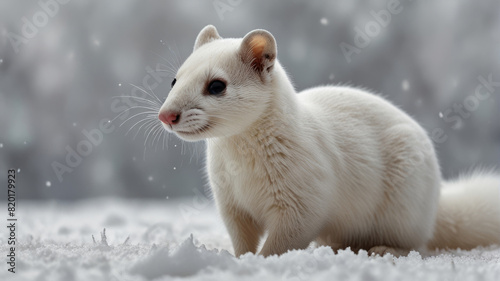 an white ermine animal fully body close up picture in the snow photo