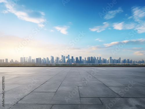 Dawn reveals a cityscape against an empty concrete path