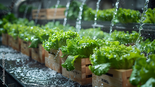 A line of wooden boxes filled with green lettuce are being washed with water in an indoor farm setting. The scene is illuminated by soft daylight