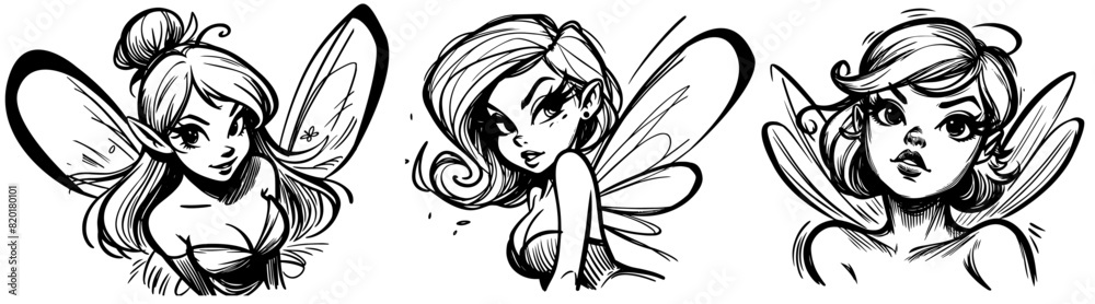 magic fairy pin-up girl illustration, adorable beautiful pinup woman model, comic book cartoon character, black shape silhouette vector decoration