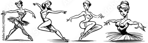 ballerina dancer pin-up girl illustration, adorable beautiful pinup woman model, ballet, comic book cartoon character, black shape silhouette vector decoration