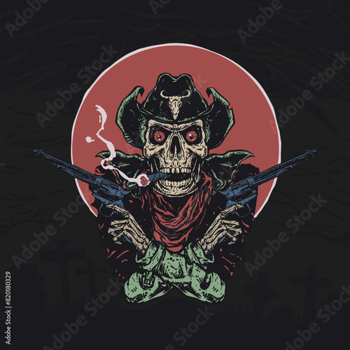 Cowboy skull with revolver vector art