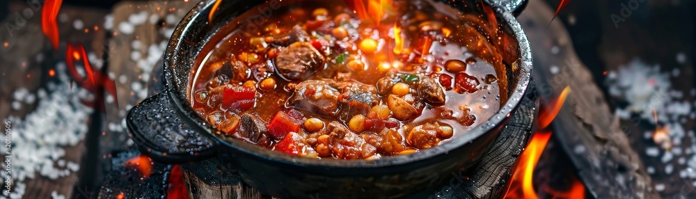 Goulash, Hungarian stew with paprika, served in a rustic pot, Budapest outdoor festival Goulash, Hungarian stew with paprika, served in a rustic pot, Budapest outdoor festival