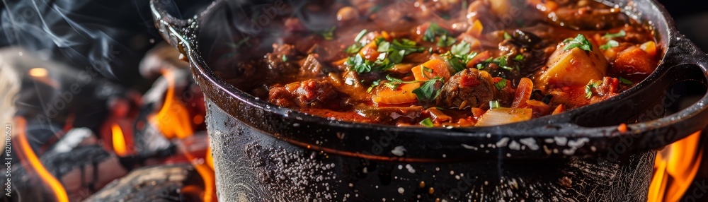 Goulash, Hungarian stew with paprika, served in a rustic pot, Budapest outdoor festival Goulash, Hungarian stew with paprika, served in a rustic pot, Budapest outdoor festival