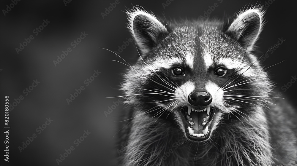 Close-up of the head of a raccoon ready to attack roar angry black and white illustrated, Black Background Generative Ai 