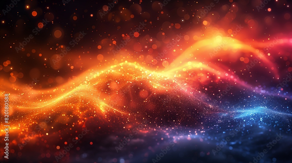 Obraz premium closeup bright orange blue background stars glowing gold embers volumetric soft large diffused princess data holograms flares red