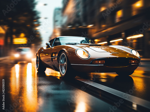 Blurred car on evening road, vintage tone for background