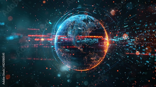 The digital globe spins out of control, global network and connectivity across Earth. Data transfer occurs at breakneck speeds, fueling a frenzy of business transactions photo