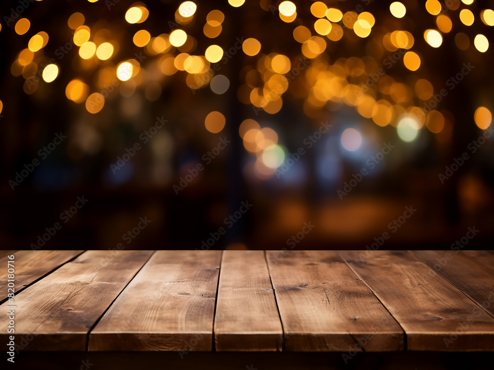 A backdrop of abstraction frames a wooden table A backdrop of abstraction frames a wooden table