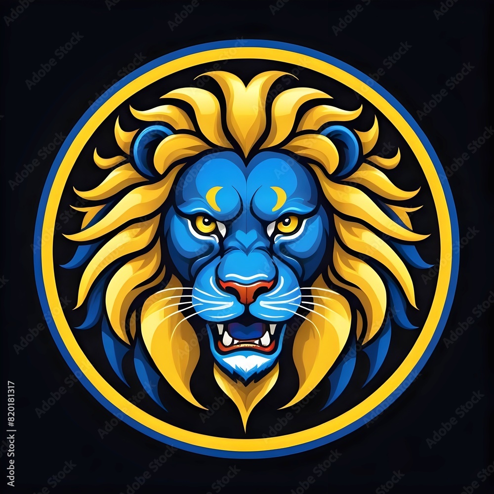 Obraz premium lion head logo with yellow and blue mane enclosed in a circle