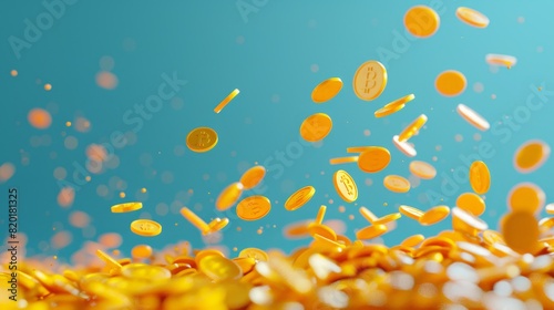 Falling Bitcoins with a bright blue background - Golden Bitcoins falling against a gradient blue background, symbolizing digital currency abundance and financial growth photo