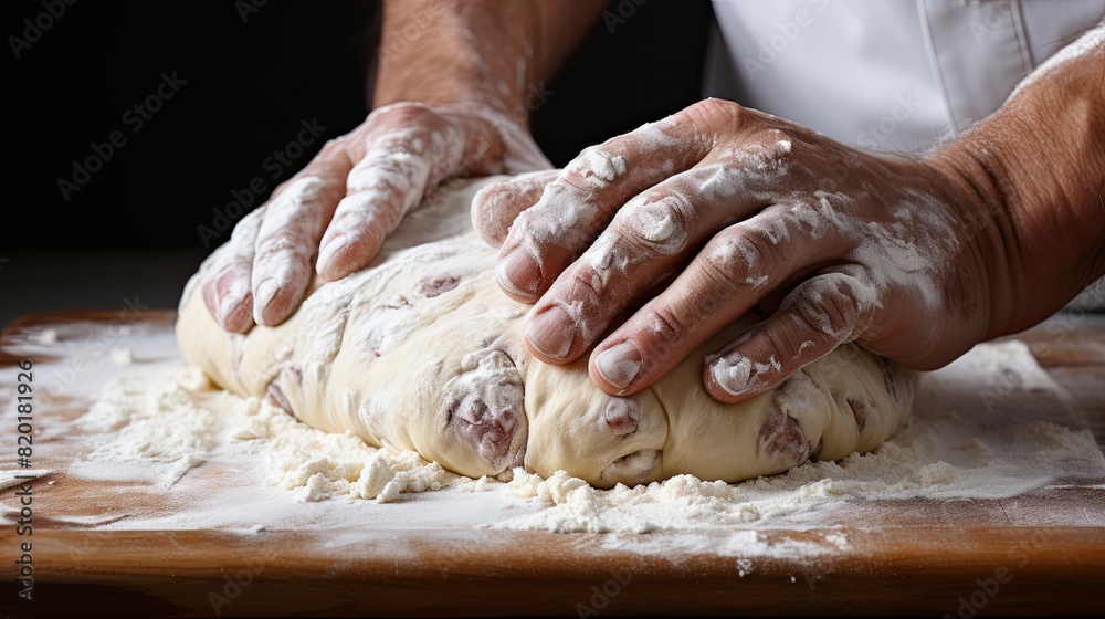 Baker's hands with flour kneading dough on wooden table