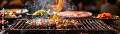 Korean BBQ, assorted meats grilling on a tabletop stove, lively Korean restaurant with friends gathered