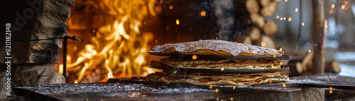 Kosovar flija, layered pancake with cream, cooked over an open flame, rural setting, traditional stone oven, family gathering photo