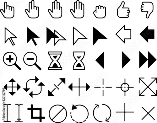 Pixel perfect icon set of pointer cursor pointers black selection hand click edit tool mouse arrow icon cursors skip swipe symbols . Thin line icons flat vector illustrations isolated on transparent b