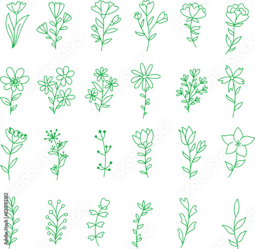 Pixel perfect icon set of hand drawn handdrawn green flower plant leaf floral. Thin line icons flat vector illustrations isolated on white transparent background