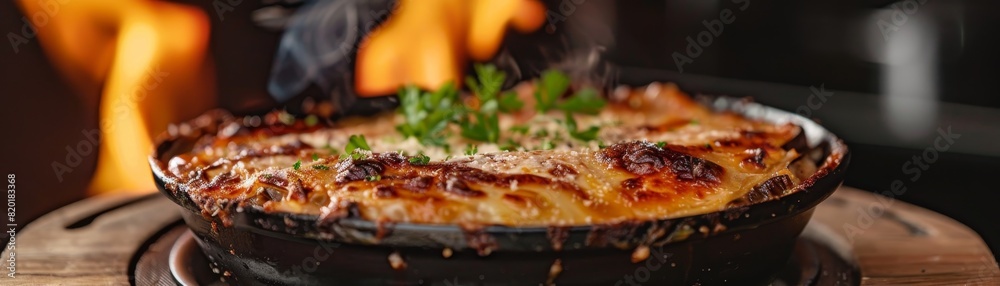 Moussaka, eggplant and meat casserole, served bubbling hot, cozy Greek taverna Moussaka, eggplant and meat casserole, served bubbling hot, cozy Greek taverna