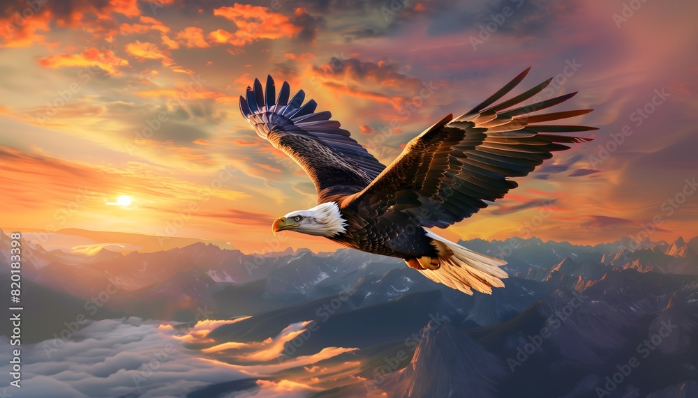 Fototapeta premium Bald Eagle Soaring Against Dramatic Sunset Sky
