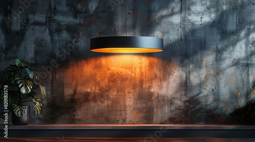 A single pendant light hanging from the ceiling illuminates an empty table, casting soft shadows on its surface. photo