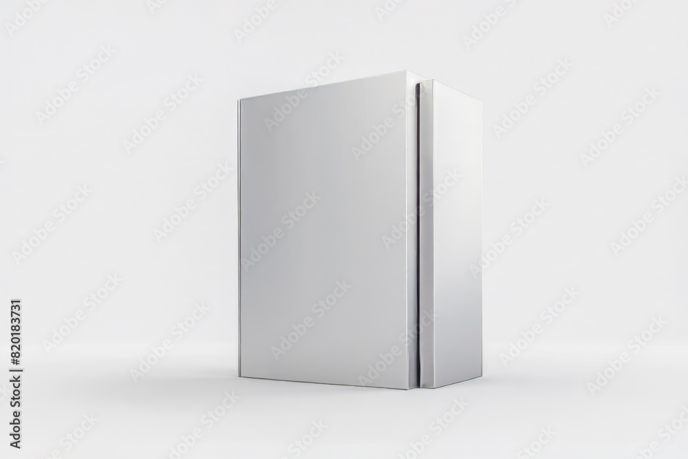 A sleek stainless steel box stands isolated on white background. Empty and clean surface for customized text. A sleek stainless steel box stands isolated on white background. Empty and clean surface for customized text.