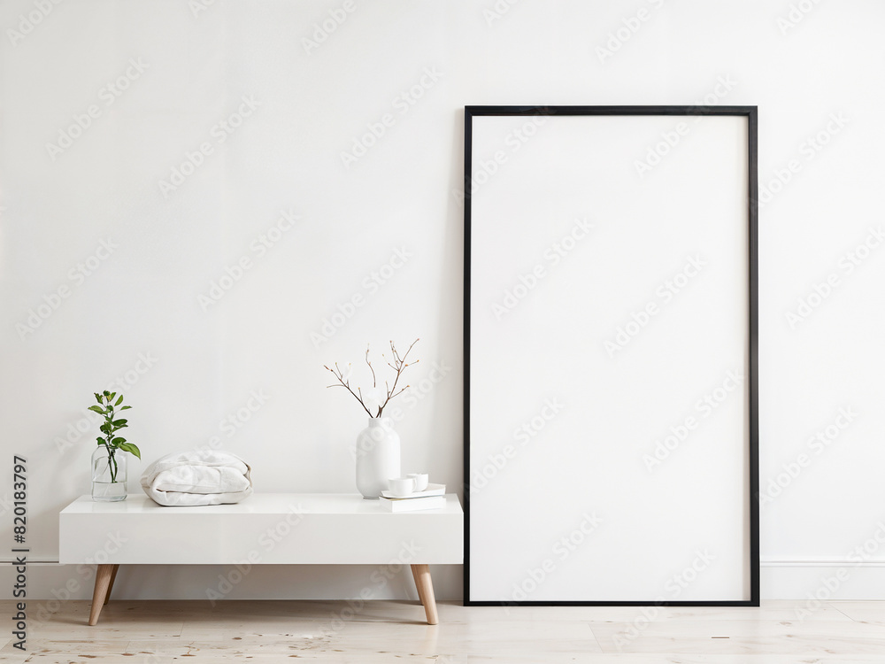 A big white canvas in a minimalist room. Picture frame mockup A big white canvas in a minimalist room. Picture frame mockup