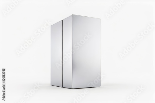 A sleek stainless steel box stands isolated on white background. Empty and clean surface for customized text.