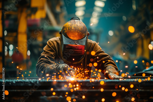 Industrial welder at work. Sparks flying from welding torch.