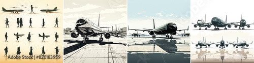 4 photos, Collection of airport planes in silhouettes on a white background. Ideal for travel websites, posters or educational materials. High quality images suitable for a variety of design projects.