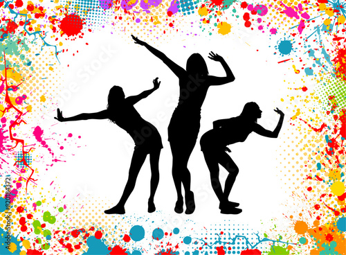 Abstract blots with silhouettes of dancing girls. disco. hand drawing. Not AI. Vector illustration
