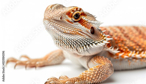 Close-up of Bearded Dragon Lizard on White photo