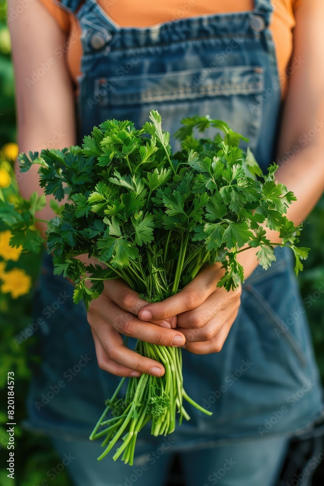 Fototapeta premium Harvest in the hands of a woman in the garden. Selective focus.