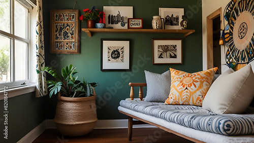 Home interior with A charming, bohemian bungalow filled with eclectic decor and vibrant patterns, featuring a cozy reading nook and a hammock in the backyard - generative AI  photo