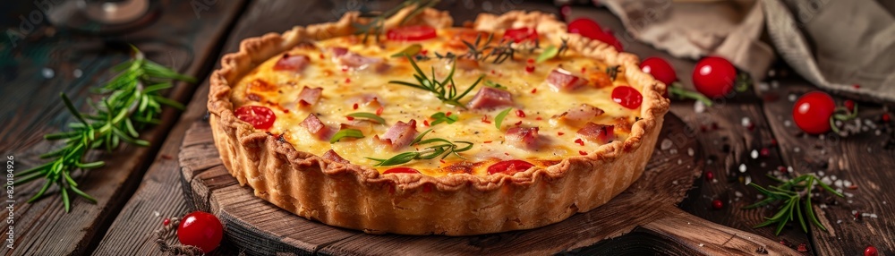 Quiche, filled with ham and cheese, served at a French countryside picnic Quiche, filled with ham and cheese, served at a French countryside picnic