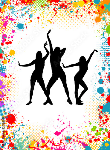 Abstract blots with silhouettes of dancing girls. disco. hand drawing. Not AI. Vector illustration