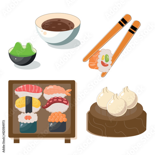 sushi and dumplings with sauces