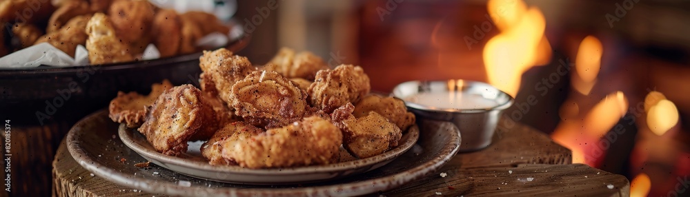 Rocky Mountain oysters, fried bull testicles, served with dipping sauce, Western American ranch setting Rocky Mountain oysters, fried bull testicles, served with dipping sauce, Western American ranch setting
