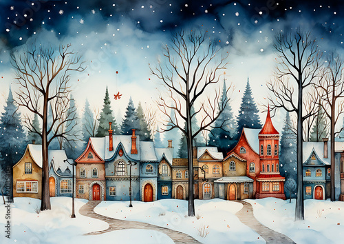 Capture the beauty of a winter wonderland in your home decor. Add a touch of whimsy and charm to any room with this folk art-inspired painting. Ideal for creating a festive atmosphere © Yuri