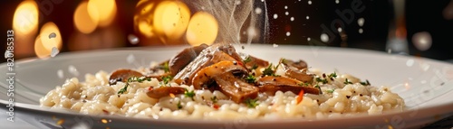 Risotto, creamy Arborio rice with mushrooms, elegant Italian restaurant