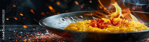 Risotto alla Milanese, saffroninfused risotto, elegant Milanese restaurant