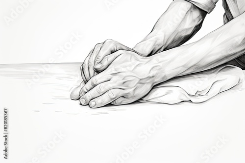 Hands kneading bread dough, black outline on white background