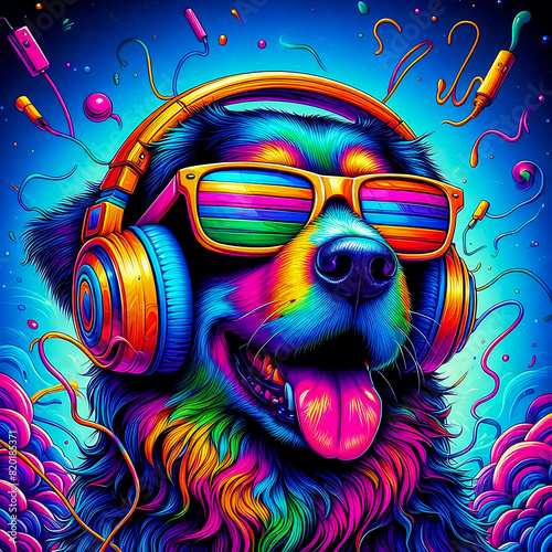 Vibrant colorful illustration of a dog wearing headphones listening to music