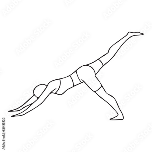 Eka Pada Adho Mukha Svanasana. Yoga pose. Black line drawing, silhouette. Vector illustration