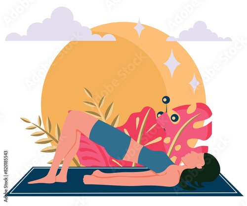 Setu Bandha Sarvangasana. Yoga position. A girl on a rug against a background of nature with plants and the sun. Vector flat illustration