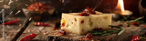 Sardinian casu marzu, cheese with live maggots, displayed on a rustic table, Mediterranean countryside photo