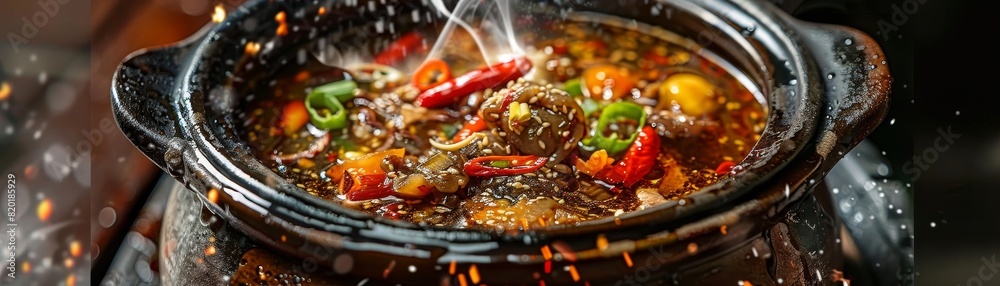 Scorpion soup, served in a clay pot, exotic dish in a Chinese village Scorpion soup, served in a clay pot, exotic dish in a Chinese village