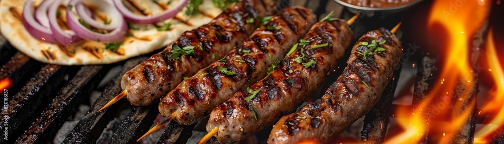 Serbian cevapi, small grilled meat sausages, served with flatbread, onions, and ajvar, outdoor summer barbecue setting, festive atmosphere Serbian cevapi, small grilled meat sausages, served with flatbread, onions, and ajvar, outdoor summer barbecue setting, festive atmosphere