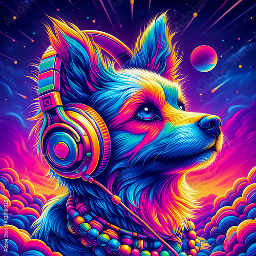 Vibrant colorful illustration of a dog wearing headphones listening to music © The A.I Studio