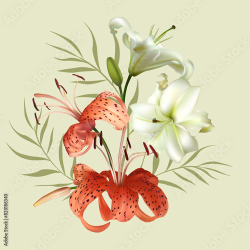 Flowers. Floral background. Bouquet of white and tiger lilies. Tropical. Red. Green. Border. Palm leaves.