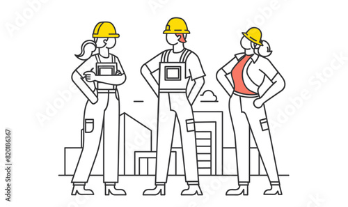 Men and women working at a construction site and buildings, buildings, men, women, workforce, line art vector illustration, modern line art minimal color